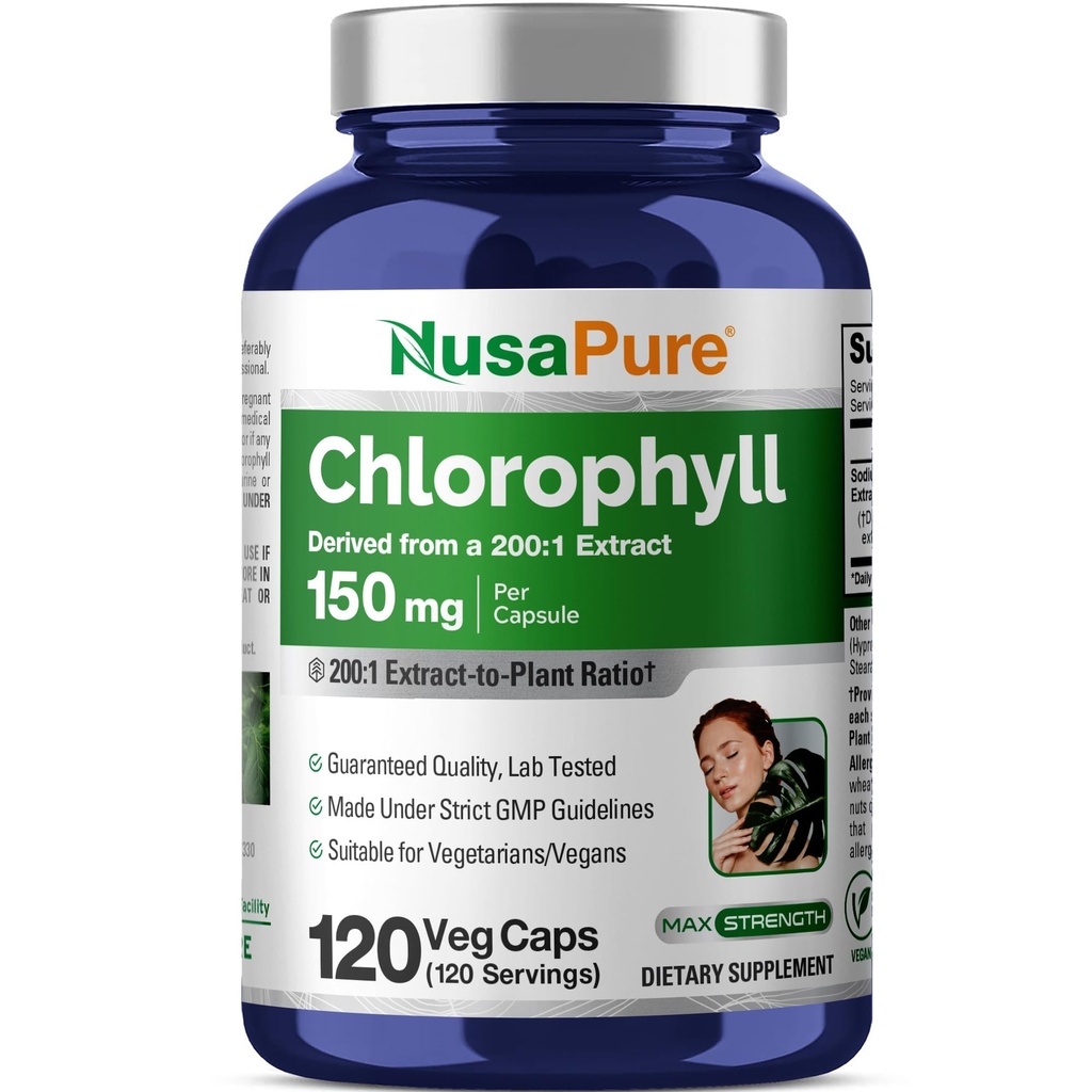 NusaPure Clorofyll 200:1 Ekstrakt, 150 mg Ekvivalent med 30 000 mg per kapsel 120 Vegetariske Caps (Non-GMO, Vegan)