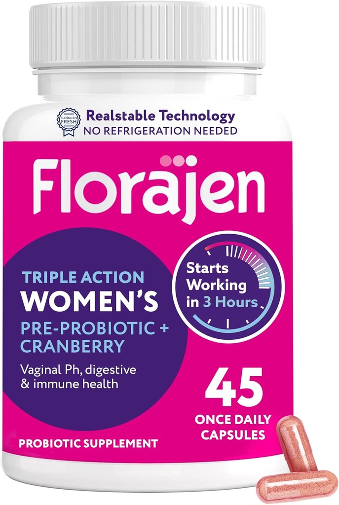 Florajen Women's Probiotic, Prebiotic, & Cranberry Supplement for Vaginal Helse, Immun Support, & Digestive Wellness - 30-talls