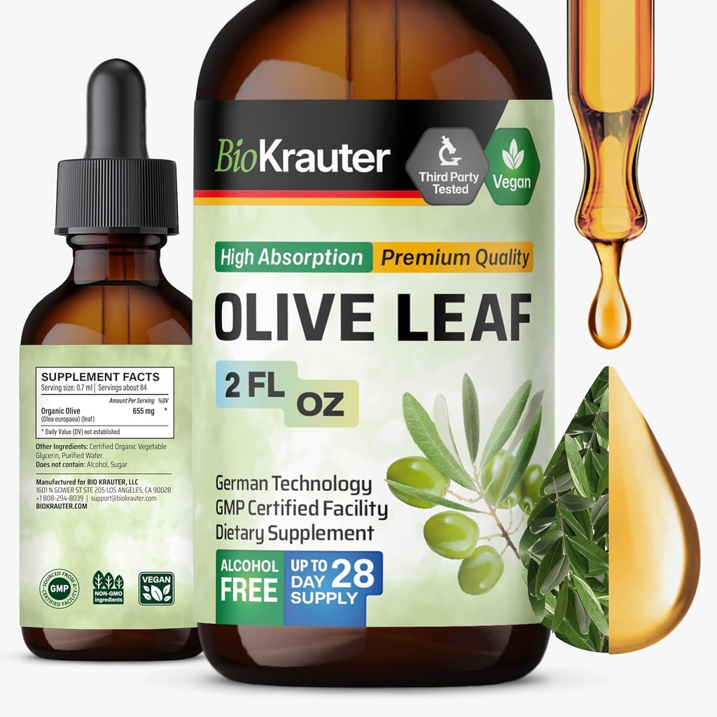 BIO KRAUTER Olive Leaf Extract Liquid - Olive Leaf Tinktur for immunstøtte - alkohol og sukker gratis - Vegan Drops 2 Fl.Oz.