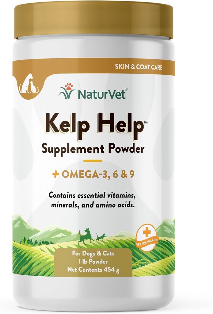 NaturVet Kelp Hjelp Plus Omega Hud og Coat Supplement for hunder og katter, pulver, laget i USA med globalt kilde ingredienser 1 pund