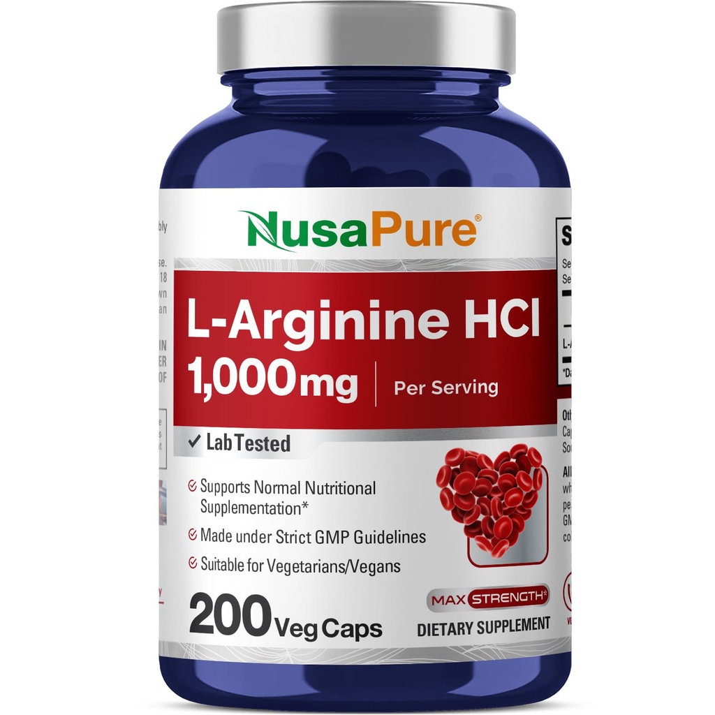 NusaPure L-arginin 1000 mg 200 Veggie Capsules (Non-GMO, Vegetarisk, Vegan)