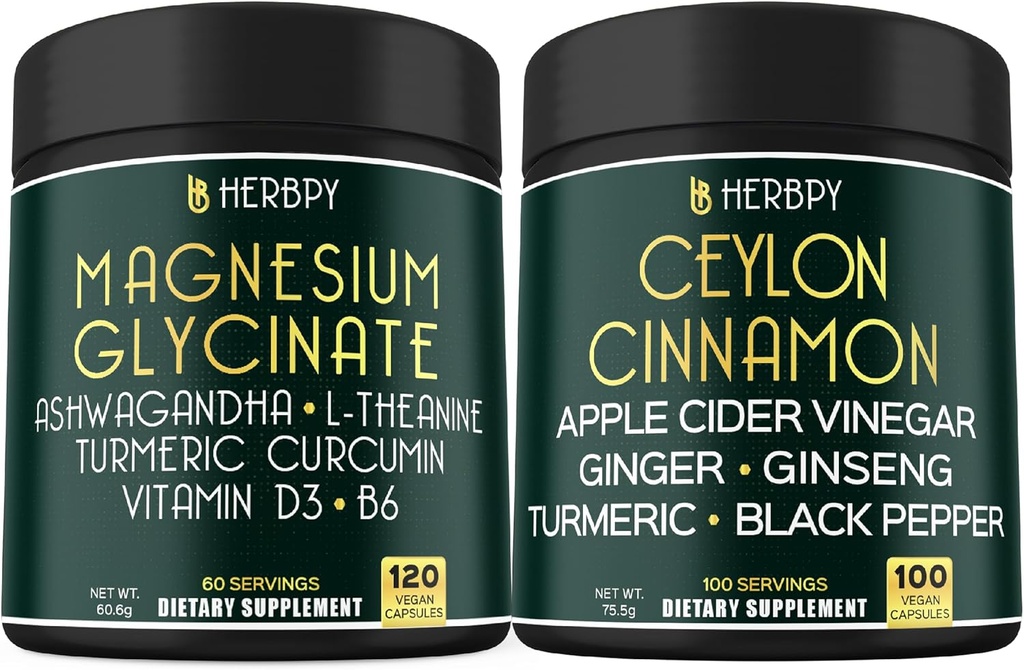 Bundle 6in1 Magnesium Glycinate Kosttilskudd & 6in1 Premium Ceylon Cinnamon Kosttilskudd - Relaxation, Relaxing dag & natt, Immune, Hjerte, Digestion og kroppsbalanse støtte