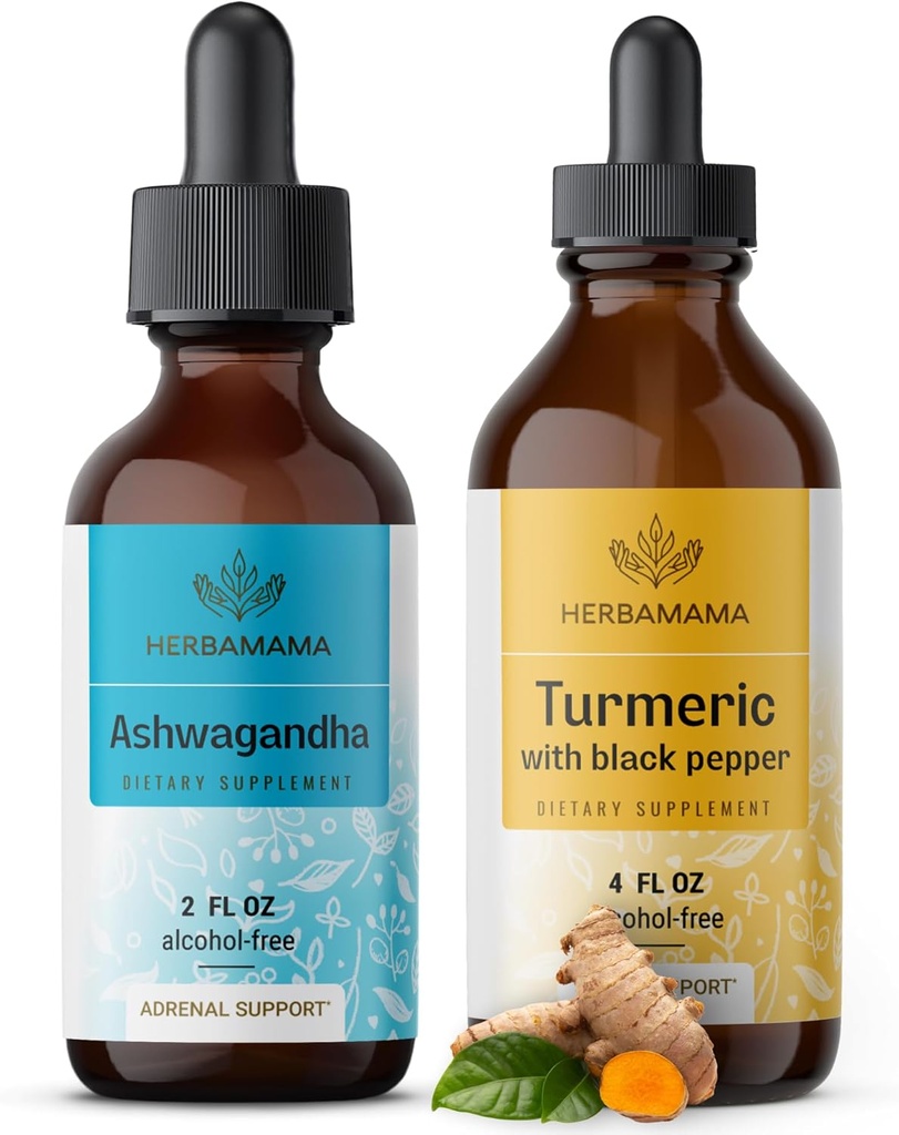HERBAMAMA Herbal flytende dråper Kit - Bundle of Ashwagandha Root Extract & Turmeric med svart pepper tinktur 2 fl oz - Vegansk, ikke-GMO, sukker og alkohol-fri - 2 Pack