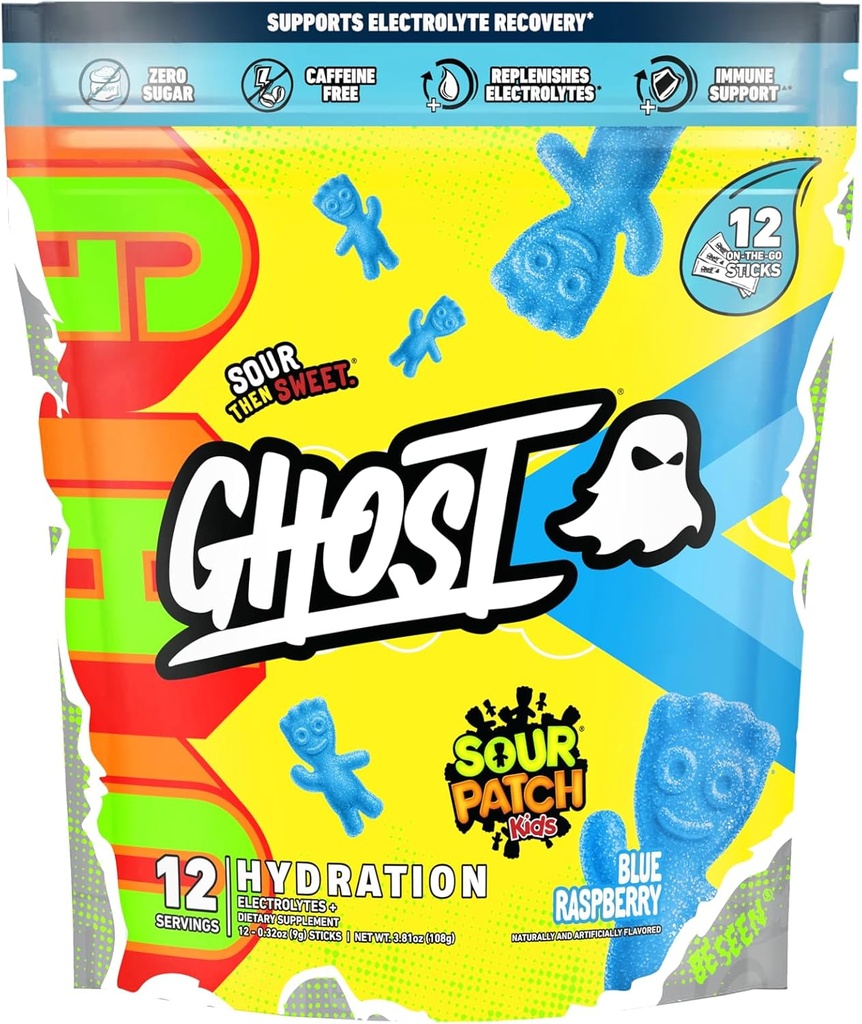 GHOST Hydration Packets, Sour Patch Kids Blå Bringebær, 12 Sticks, Electrolyte Powder - Drikkeblanding Supplement med magnesium, Kalium, Kalsium, Vitamin C - Vegan, Gratis Soya, Sukker & Gluten