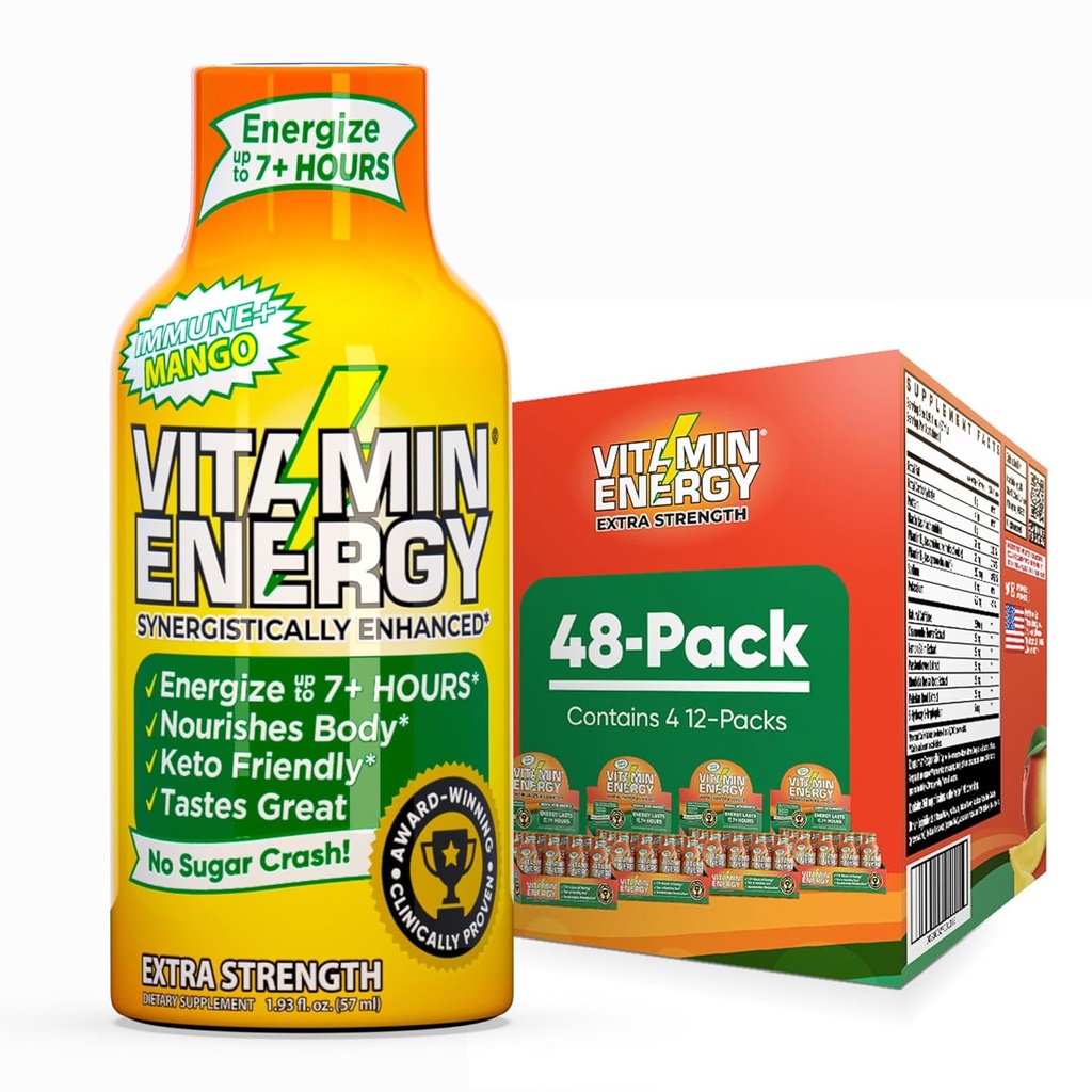 Vitamin energi immun + ekstra styrke energi Shot Mango 48 Pack, 260 mg naturlig kaffe, B-vitaminer, Citicolin, grønn te, immunitet og fokus støtte, null sukker, glutenfri 1,93 fl oz