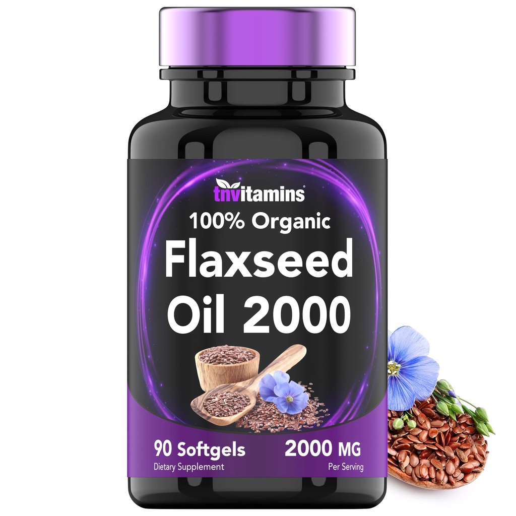 Tnvitaminer Økologisk Flaksfrø Olje Softgels: 2000 mg - 90 Softgels | Høy i Omega-3 Fatty Acids | Flaksfrø Olje Supplement for kvinner og menn