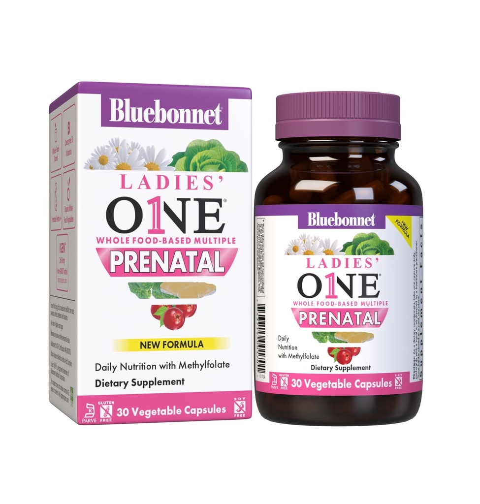 BlueBonnet Nutrition Ladies 'Et prenatal hele matbasert Multiple, Daily Nutrition*, Prenatal & Postnatal Helse*, Ikke-GMO, Kosher, Glutenfri, Soja-fri, 30 Grønnsaker Kapsler, 30 Services