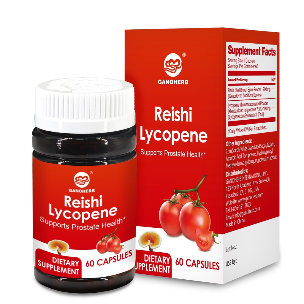 Lycopen Supplement 100mg, Naturlig Tomato Ekstrakt med Reishi Mushroom 200mg, Mushroom Capsule for immun helse, Glutenfri, Ikke-GMO, Vegan, 60 Rapid Release Kapsler