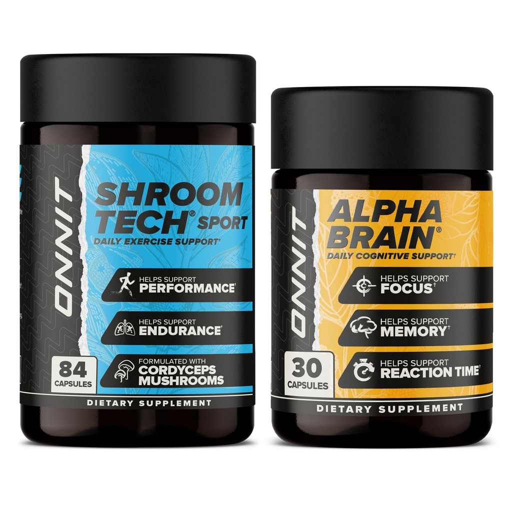 ONNIT Premium Alpha Brain Bundle - Nootropic Brain Supplement (30 greve) for fokus, konsentrasjon og minne + Shroom Tech Sport for trening, energi og kardiovaskulær ytelse (84 greve)