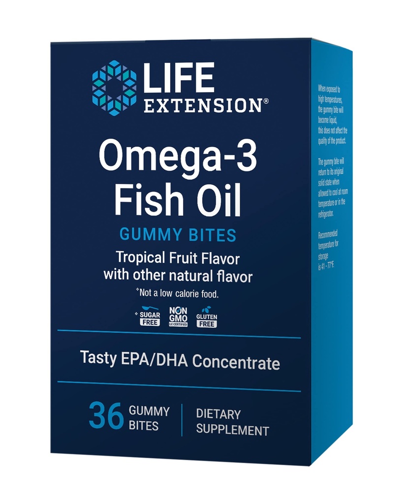 Life Extension Omega-3 Fish Oil Gummy Bites, EPA DHA Fatty syrer, høydose EPA DHA støtte i en Delicious tyggeform, ikke-GMO, Glutenfri, 36 Gummy Bites