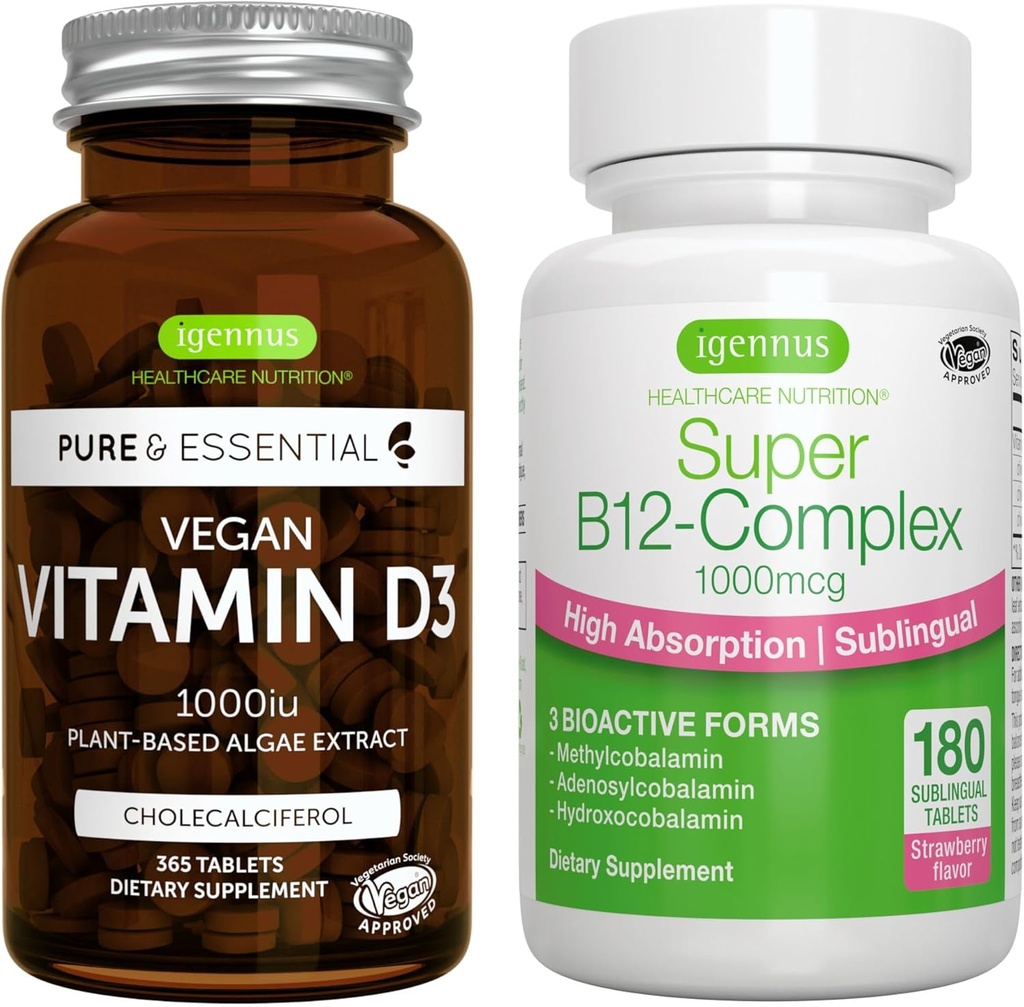 Vegan vitamin D3 + Super B12-Complex, Vegan bundle, 365 1000iu vitamin D3 tabletter + høy absorpsjon sublingual B12, av Igennus
