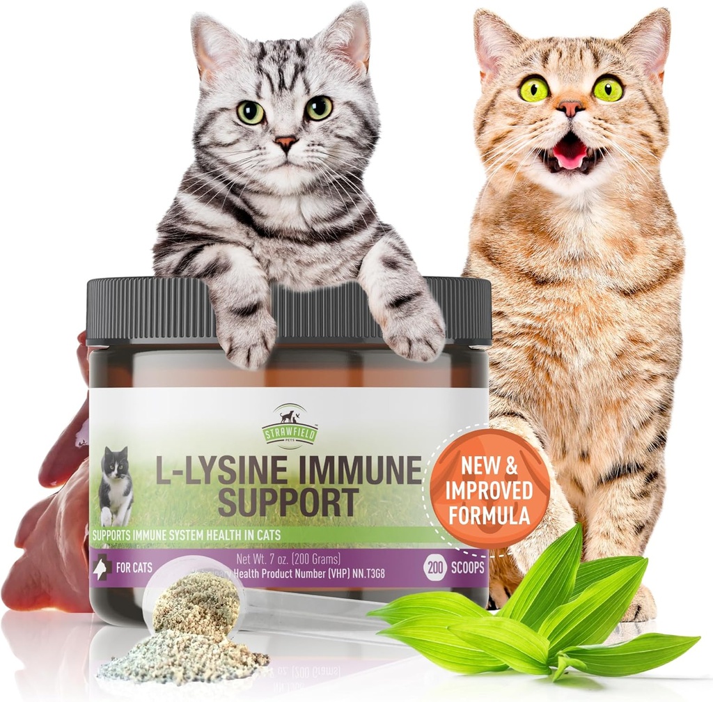 Strawfield Kjæledyr L-Lysine Immune Support for Cats & Kittens - 200g Kylling Lever Flavor Granuler med Scoop, Immune Helse Supplement Cat Cold Relief, Sneezing, Congestion, Running Nese, Vannige øyne