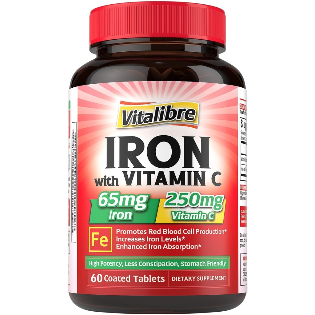 Jern Supplement, 65mg karbonyl jern med 250mg vitamin C, Mage vennlige jern piller for blodbygging kvinner og menn, høy absorpsjon, ingen amnesi, ingen slim, ikke-GMO, ingen gluten, 60 Vegan tabs
