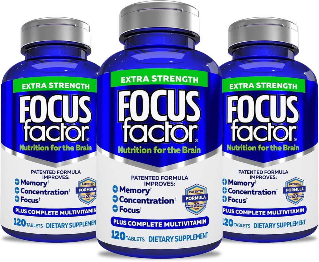 Focus Factor Adults Extra Styrke, 120 Count-Brain Supplement for minne, konsentrasjon, fokus-DMAE, vitamin D, DHA-Brain Health Supplement - Trusted Formula-Brain Vitaminer, Fokus piller (3 Pakke)