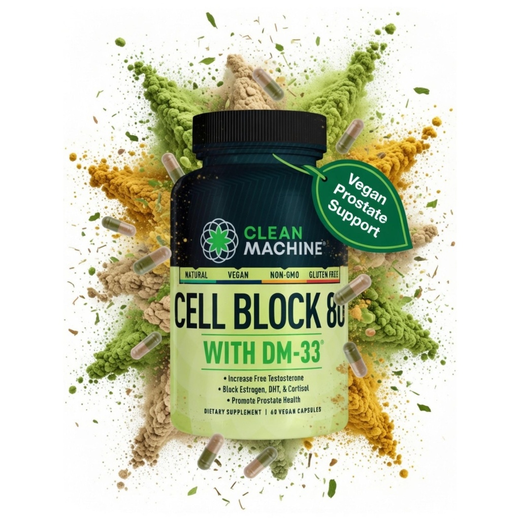 CLEAN MACHINE Cell Block 80 - Naturlig Vegansk Testosteron Support Supplement, Estrogen, DHT & Cortisol Blocker - Prostate Helse Supplement med KSM-66 Ashwagandha - 60 Veggie caps