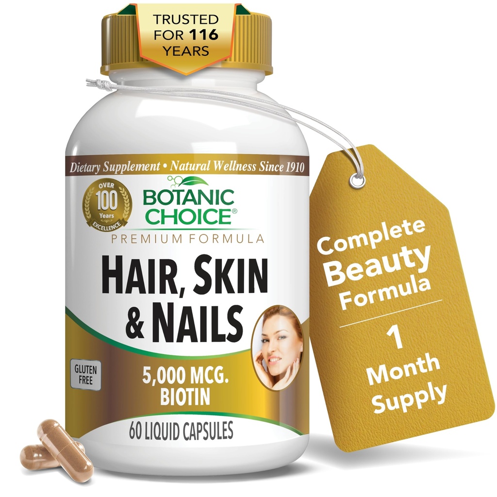 Botanisk valg Hår Hud og negler Vitaminer - Biotin Supplement med kollagen, vitamin C, & jern - Super Antioksidant Blande med Argan Olje & Hyaluronsyre - 60 flytende kapsler