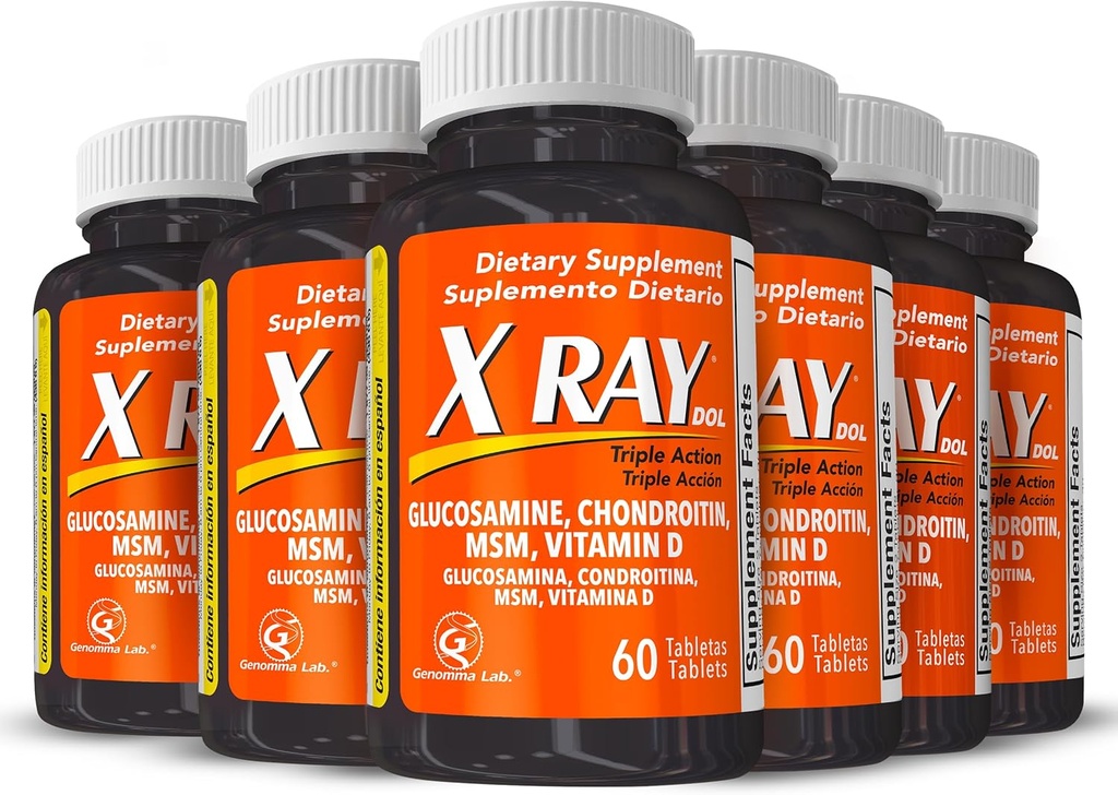 X Ray Dol Triple Action Joint Support Supplement med glucosamine 1500mg, Chondroitin 800mg, MSM 750mg og 5X Vitamin D for sunne ledd, Bein og Cartilage - 60 Antall per flaske - 6 Pakke