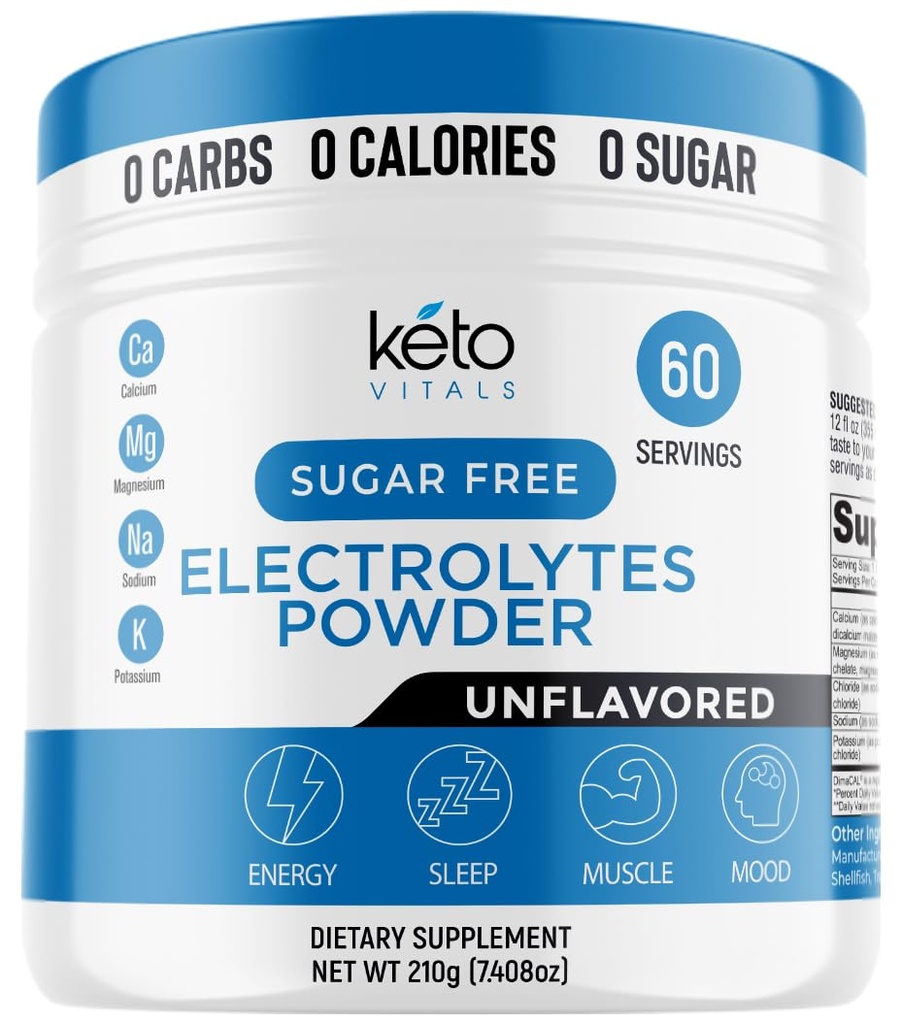 Keto Vitals Unflavored Electrolyte pulver | Keto-vennlige elektrolyter med kalium, magnesium, natrium, kalsium | Keto elektrolyter Supplerende Drink Blande | Sukkerfri, null kalorier, null karbohydrater