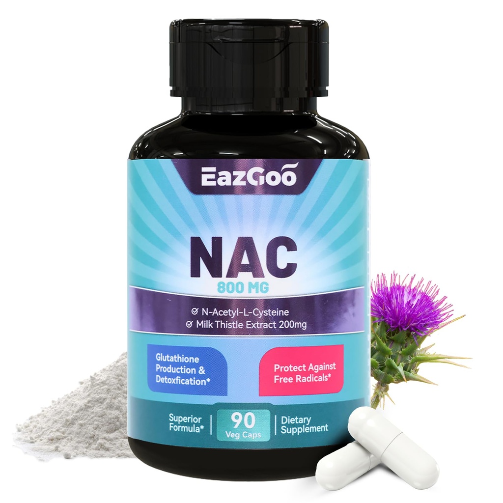 NAC Supplement, N-Acetyl Cysteine kapsler 800 mg, N-Acetyl Supplement med Melke Thistle 200 mg, Antioksidant støtte, Vegan, GMOs-fri, NAC 90 Count (pakke med 1)