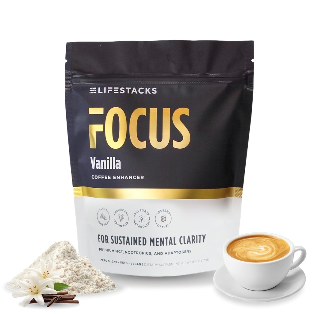 Fokus Kaffekremer for energi og klarhet - MCT pulver + nootropics + Adaptogens - Økt produktivitet uten jitters eller krus - keto, vegansk, 0 sukker - med Taurin, L-tyrosin, Rhodiola