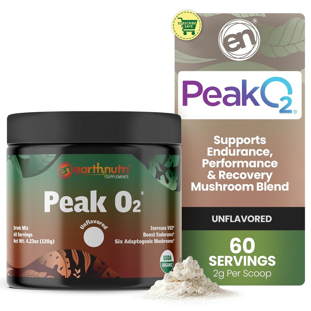 EarthNutri PeakO2 Workout Supplement - Mushroom Supplement for pre trening utholdenhet og atletisk ytelse – Ingen tilsetningsmidler, Ingen fyllemidler – støtter utholdenhet, styrke og gjenoppretting - 60 serveringer