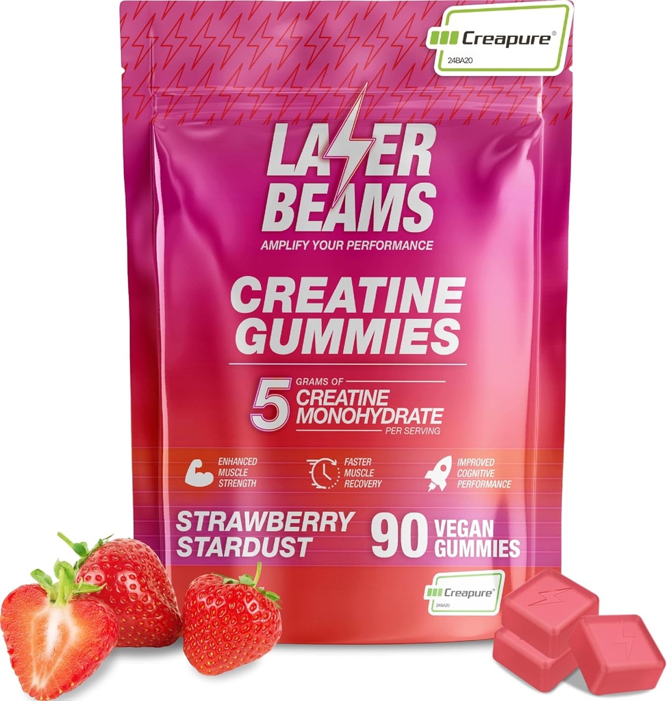 Kreatin Monohydrat Gummies - 5g Kreapure Kreatin per Serving - Vegan - Boost Muscle Styrke, Endurance, Recovery & Mental Focus - 90 Gummies, Glutenfri (Strawberry)