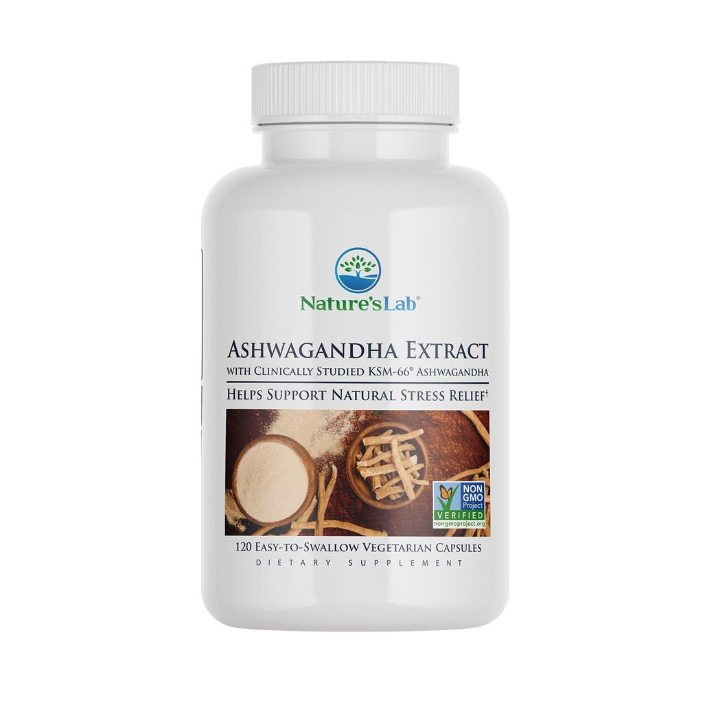 Naturens Lab Extra Styrke Ashwagandha KSM 66 Ekstrakt - 5% Witanolider, ren organisk Ashwagandha Root Powder - støtter stress relief, fokus og styrke støtte* - 120 Ct (60 dagers forsyning)
