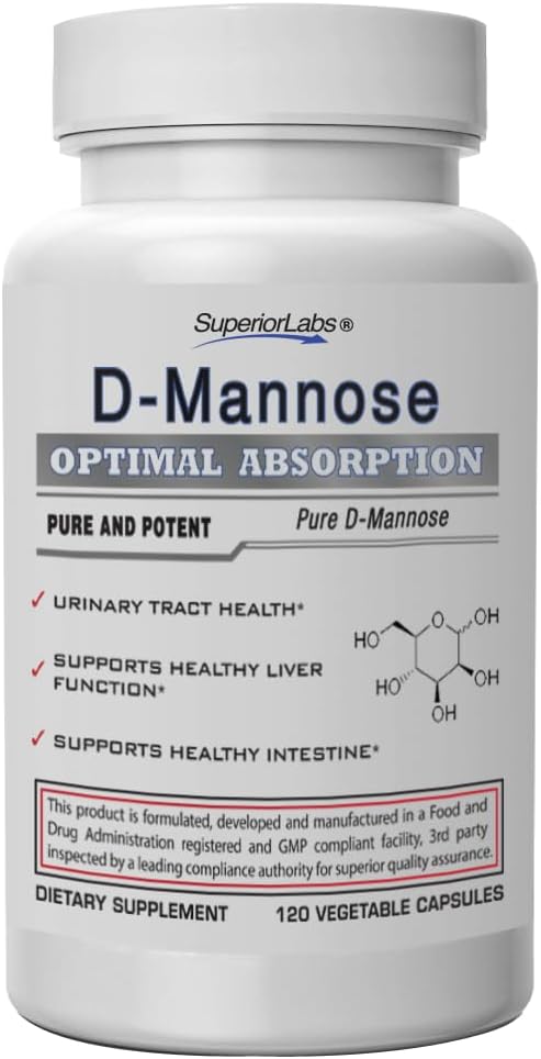 Superior Labs D-Mannose 500 mg, ren ikke-GMO Optimal absorpsjon Prebiotisk, urinveistrakt, Bladder & Nyre UTI støtte, Digestiv & lever helsehjelp, IC Relief for kvinner og menn, 120 Veg Caps