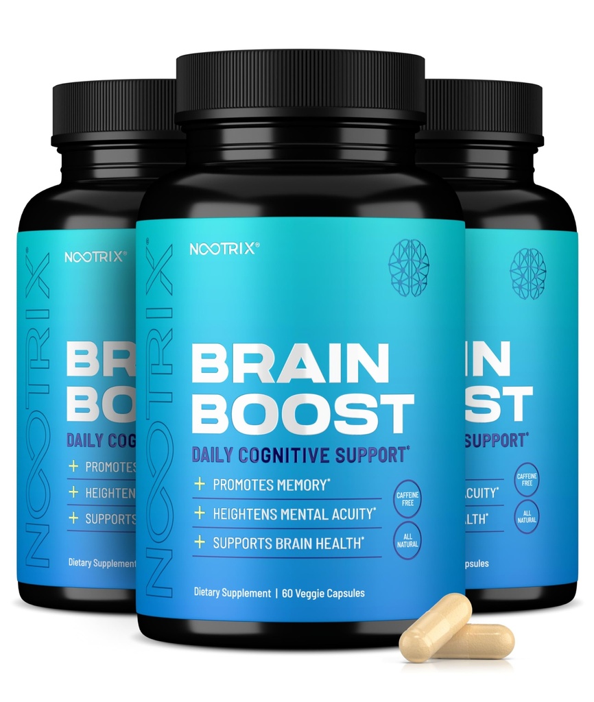 Nootrix Brain Boost Nootropic Supplement | Støtter hukommelse, mental fokus, kognitiv helse og energi | Fremmer sunn Mood & hjernefunksjon | Ginkgo Biloba & DMAE | 180 Kapsler