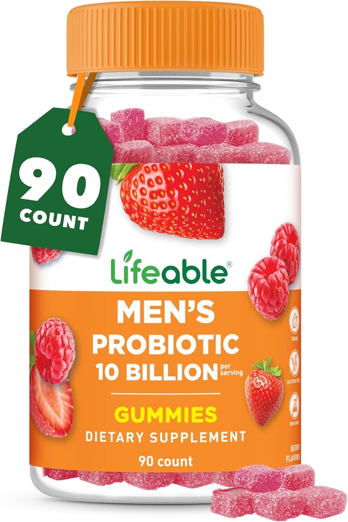 Livbare Probiotika for menn | 10 milliarder CFU | Great Tasting Mens Probiotiske Gummier | Vegansk Probiotika for Gut Helse og immun støtte | Probiotika Gummier for menn | 90 Gummies