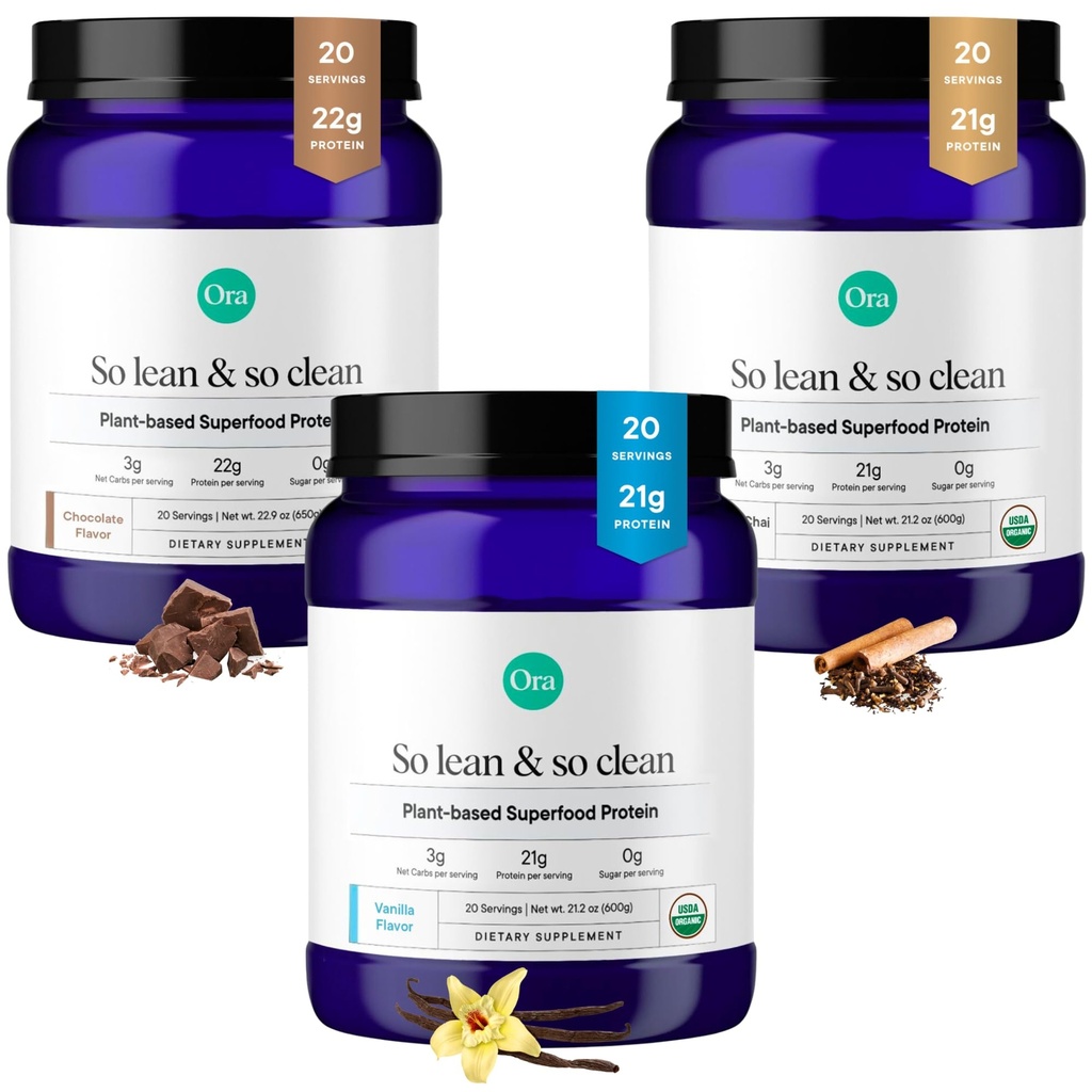 Ora Organic Protein Powder Vanilla, Sjokolade & Vanilla Chai Bundle: 21g Plant Basert, Vanilla, Vanilla Chai, 20 Serveringer + 22g Plant Basert, Sjokolade, 20 Serveringer