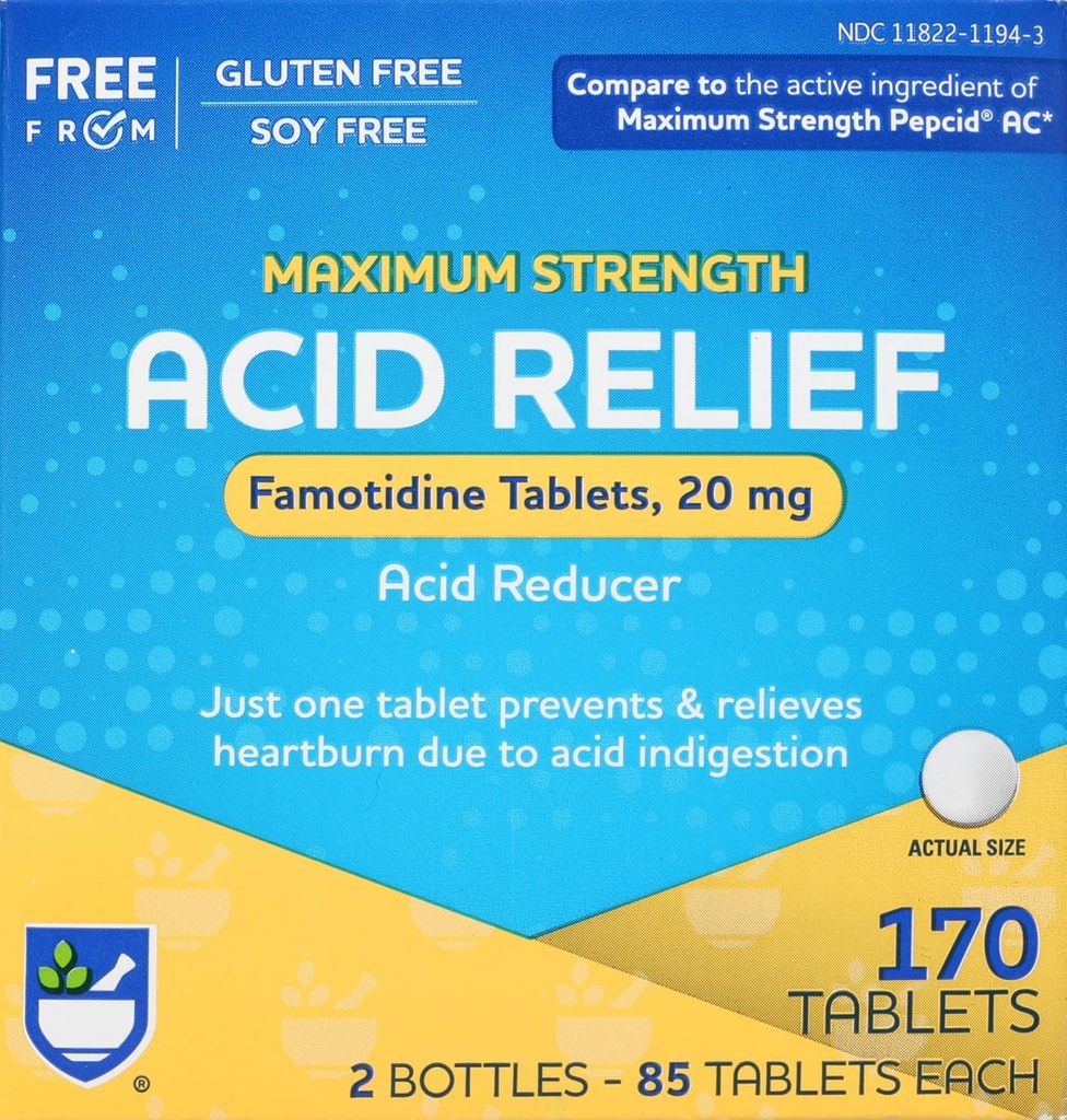 Ritt Aid Acid Reducer, Maksimal styrke Famotidin Tabletter, 20 mg - 2 flasker, 85 teller hver (170 teller totalt) | Heartburn Relief | Acid Reflux | Antacid Chews & Tabletter, Heartburn Chews & Tabletter