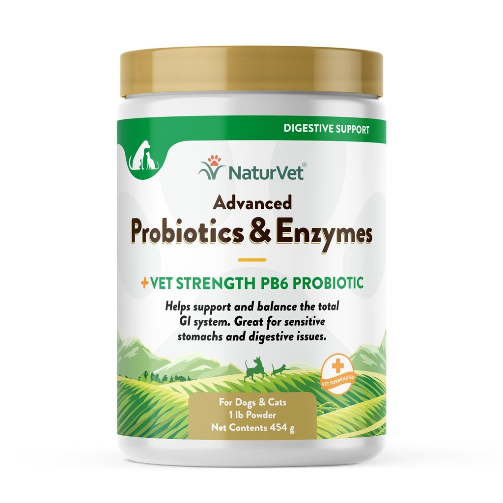 NaturVet - Avanserte probiotika og enzymer - Plus Vet Styrke PB6 Probiotiske | Støtter og balanser Kjæledyr med sensitive magene og digestive problemer | for hunder og katter (1 lb)