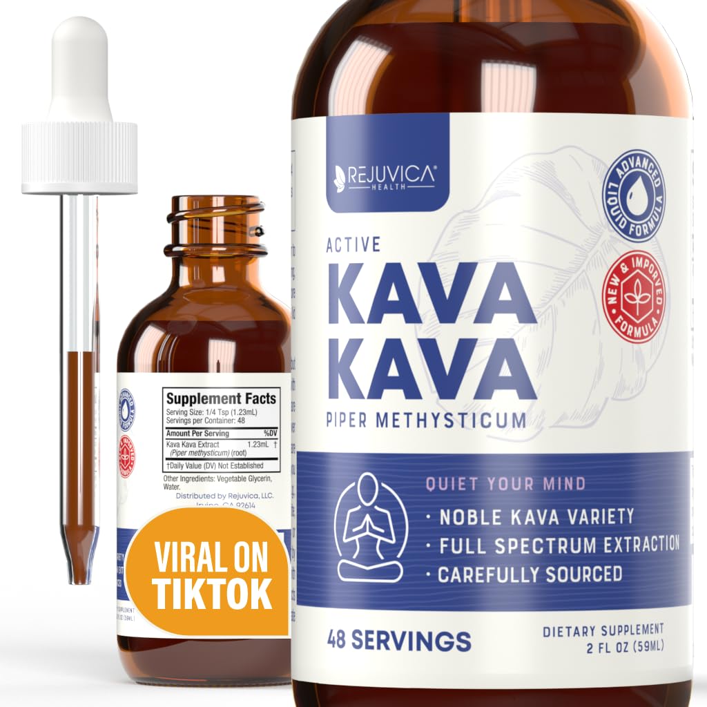 Rejuvica Health Kava Kava Root Extract Supplement - Aktiv Kava Kava - Potent avslapning og ro - Flytende ekstrakt - Piper Methysticum - Noble Variety - naturlig forekommende Kavalactones - 48 Serveringer