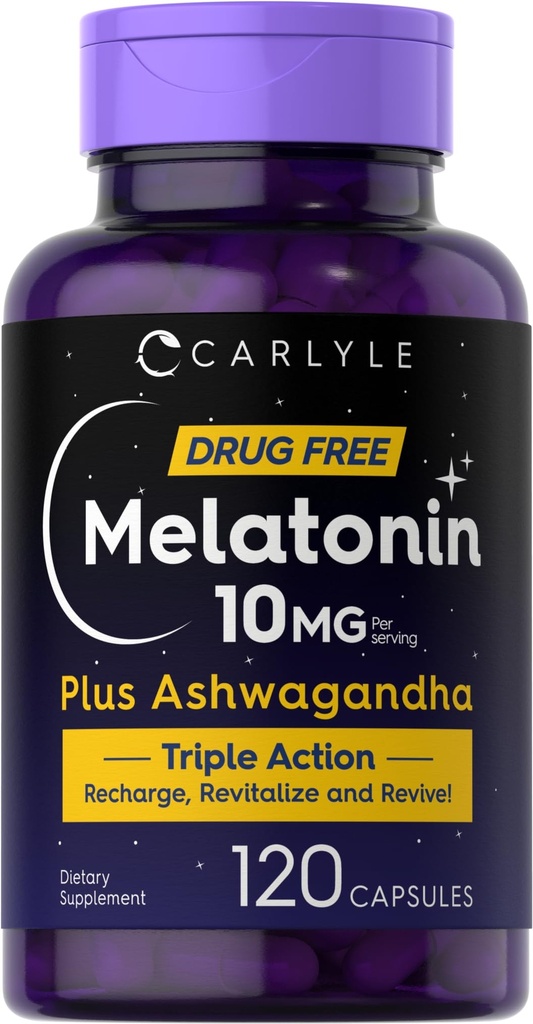 Carlyle Melatonin 10 mg | 120 kapsler | med Ashwagandha | Triple styrke formel | Ikke-GMO, Glutenfri Supplement