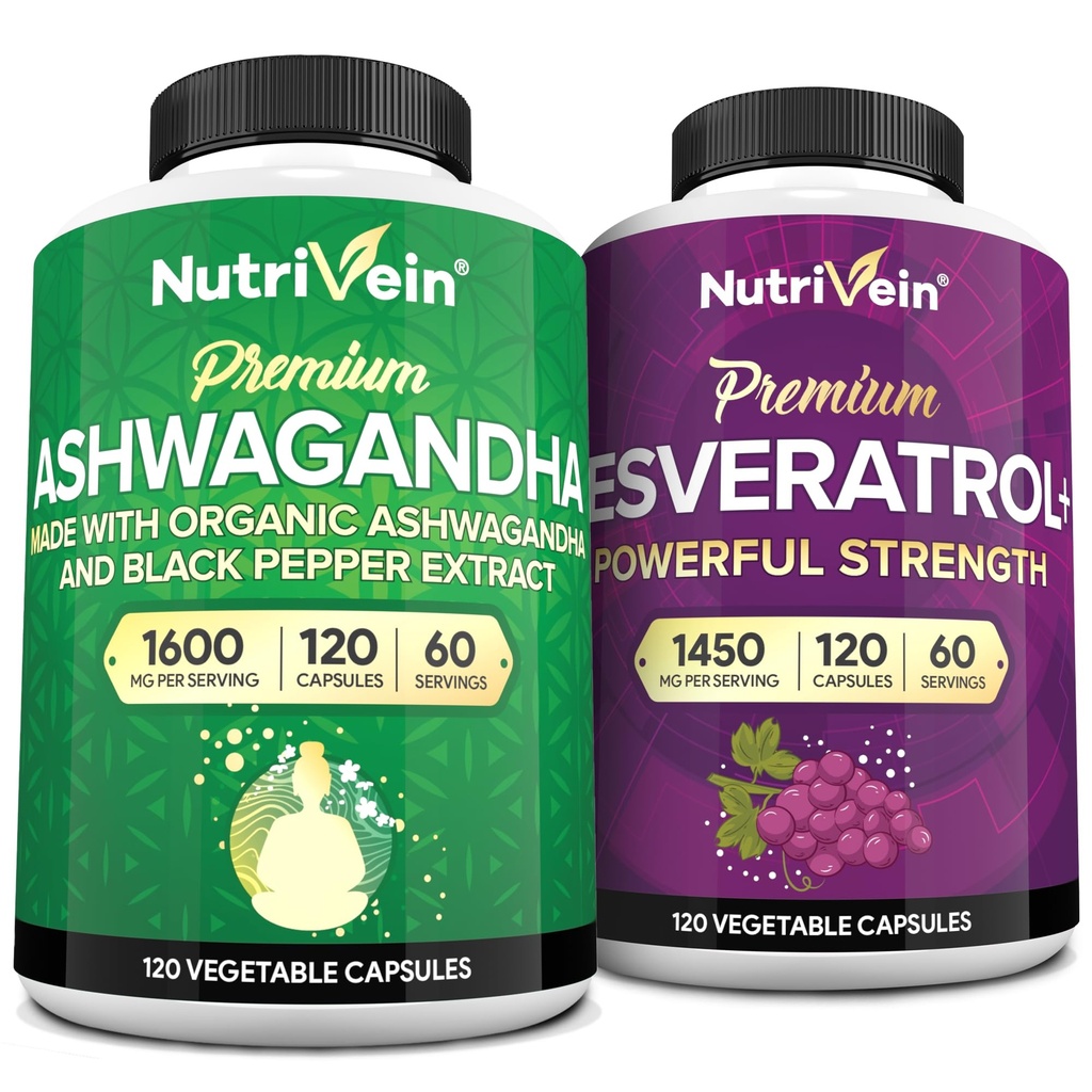 Nutrivein Premium Ashwagandha Kapsler & Resveratrol Supplement Bundle: høy-absorpsjon Resveratrol Kapsler og Ashwagandha Kosttilskudd for balanse, vitalitet, og reparasjon