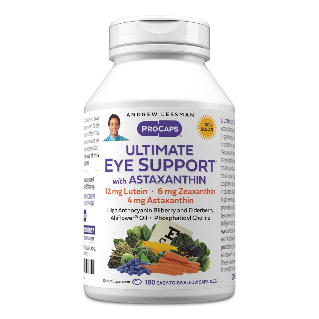 ANDREW LESSMAN Ultimate Eye Support med Astaxanthin 180 Softgels - 12 mg Lutein, 6 mg Zeaxanthin, 4 mg Astaxanthin, Bilbær. Nøkkelnæringsstoffer for å støtte øyehelse, fremme sunn visjon. Ingen additiver