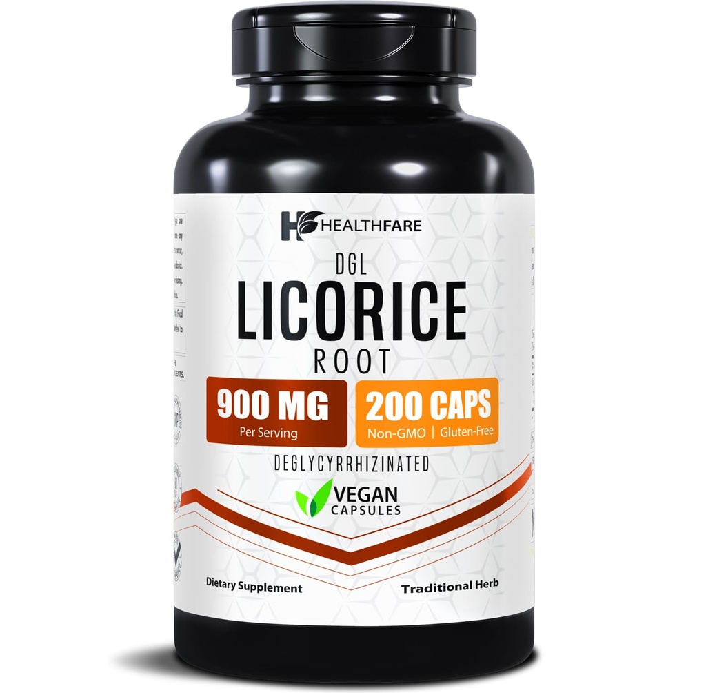Healthfare Licorise Root Extract 900mg ® 200 Vegan Capsules DGL Supplement | Ekstra styrke Herbal formel | Ikke-GMO, Glutenfri | laget i USA