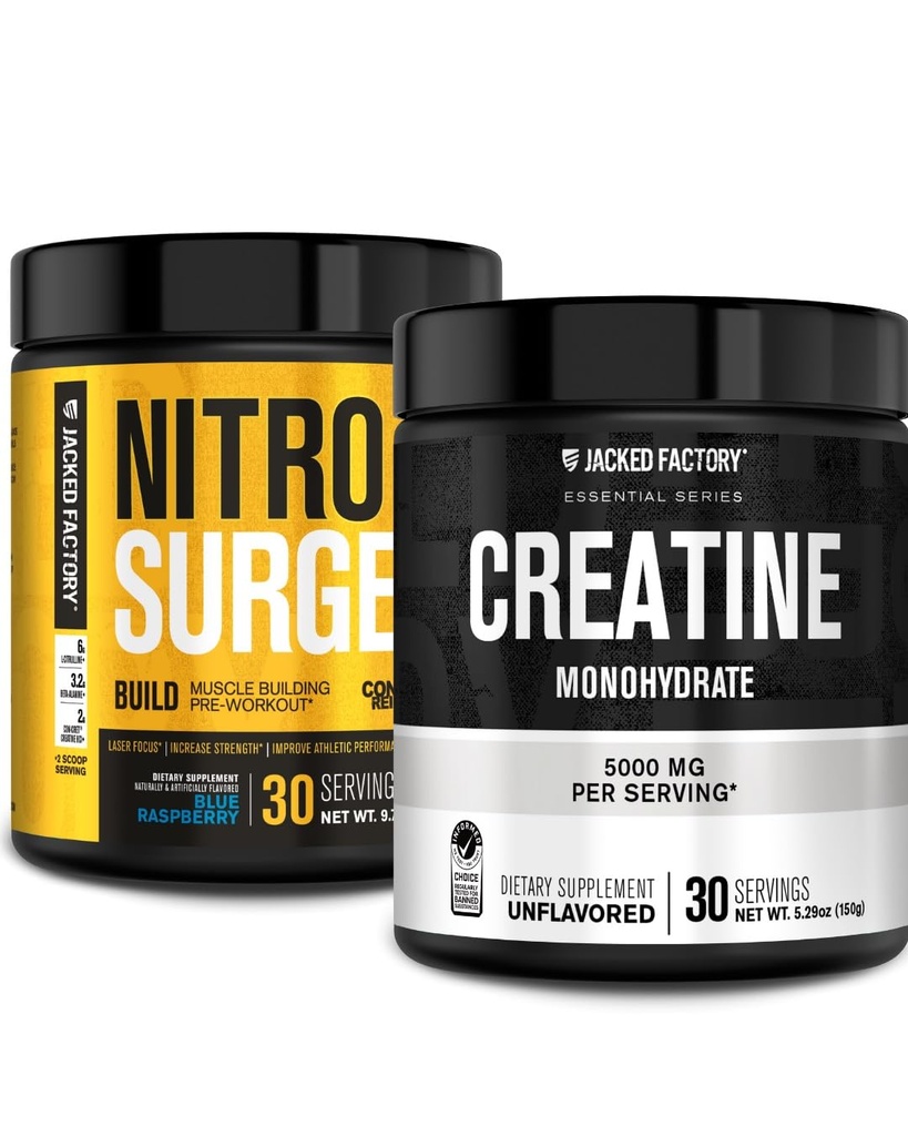 Jacked Factory Nitrosurge bygge pre trening med kreatin for muskelbygging (30 serveringer, blå bringebær) & Kreatin Monohydrat pulver for muskelvekst og gjenoppretting (30 serveringer, uovertruffen)