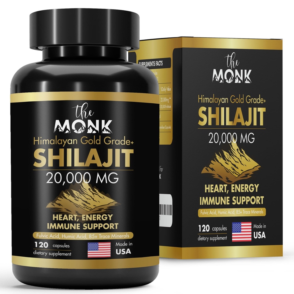 Organisk Shilajit med Fulvic Acid, Humic Acid, 85+ Minerals- Gold Grade Plus - Samme som Resin - Energi, Stamina, Brain Support - 120 Kapsler - laget i USA