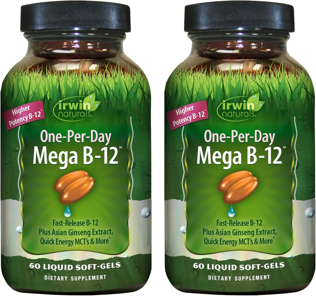Irwin Naturals One-Per-Day Mega B-12 1500mcg høy potens Metylcobalamin vitamin - rask forbedret absorpsjon med MCT + asiatisk Ginseng - naturlig energi Boost - 60 flytende Softgels (pakke med 2)