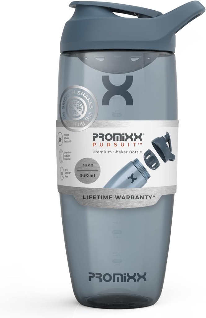 Promixx Pursuit Protein Shaker flaske (32 oz) – Silent No-Ball Mixer, Leak-Proof Lid, BPA/BPS & Phthalate-fri ECOZEN – Easy-Clean Shaker Cup for Protein Shakes, Pre & Post Workout Smoothies