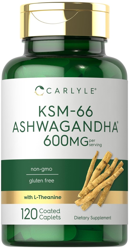 Carlyle KSM-66 Ashwagandha 600 mg | 120 kapler | ekstrakt Supplement med L-Theanine | Vegan, ikke-GMO, Glutenfri