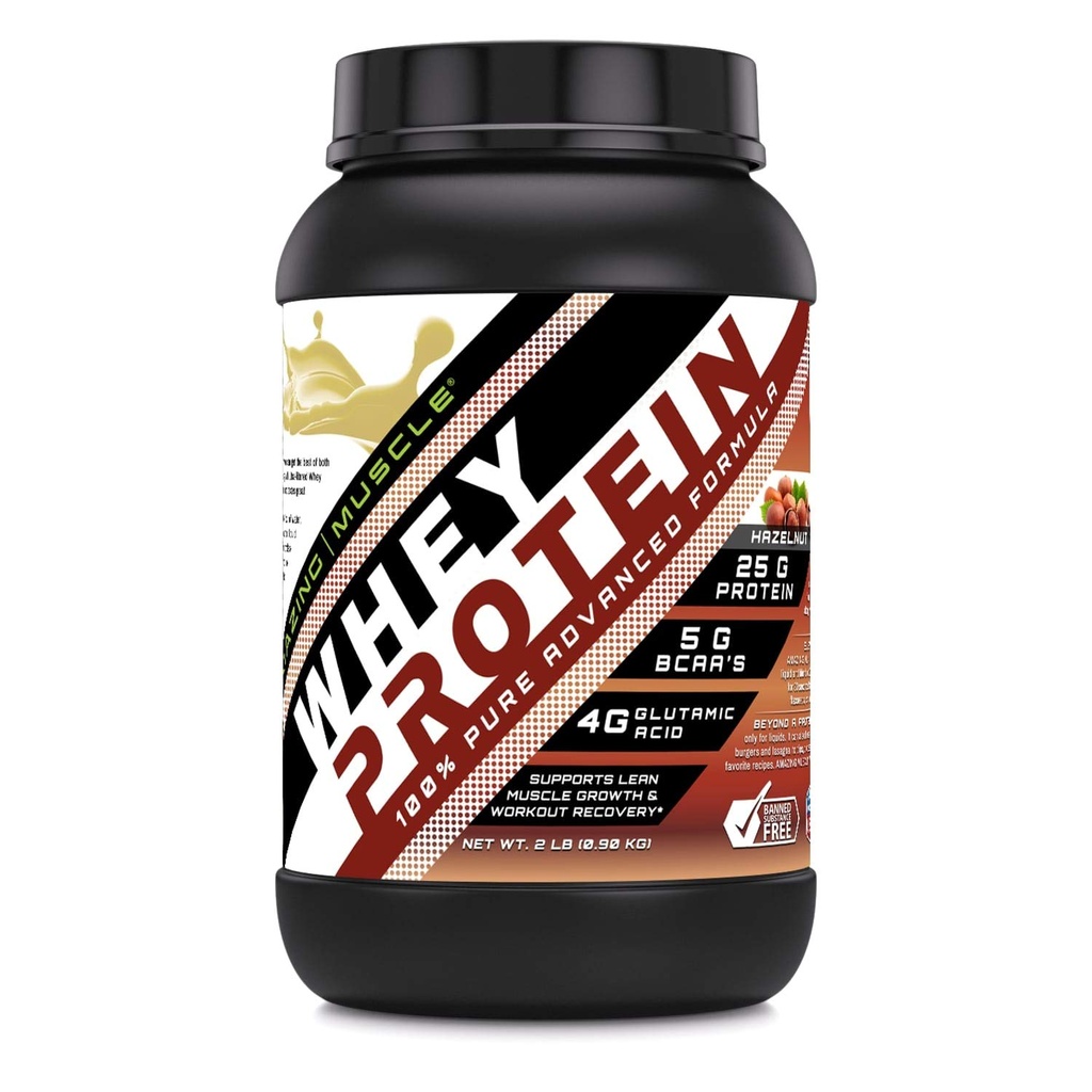 Amazing Muskel Whey Protein Isolat & Konsentrat 25 G per servering Supplement | Hazelnut Flavor | 2 Lb (0,90 Kg) | Ikke-GMO | Glutenfri