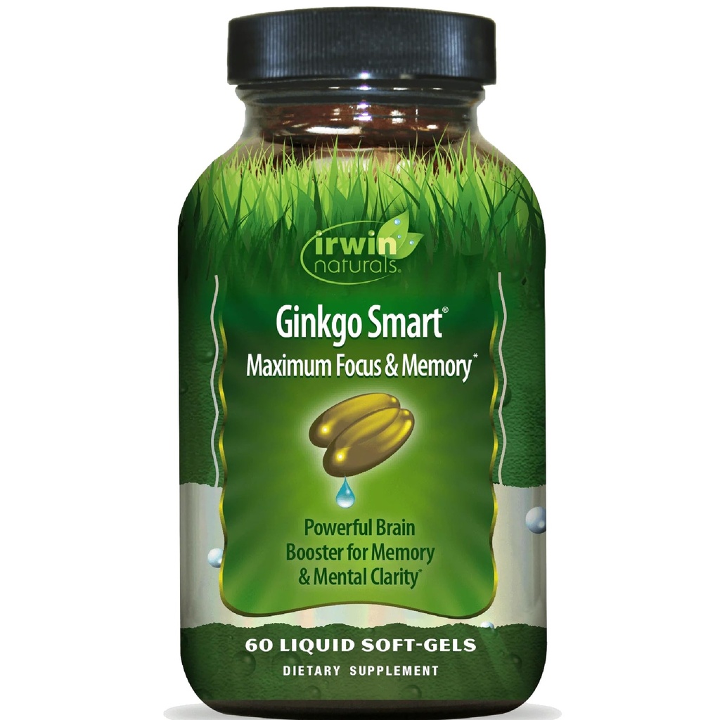 Irwin Naturals Ginkgo Smart Kraftig Nootropic Brain Booster - støtter maksimal minne, fokus og mental klarhet med DMAE, Clubmoss, Choline & Acetyl L-karnitin - 60 flytende Softgels