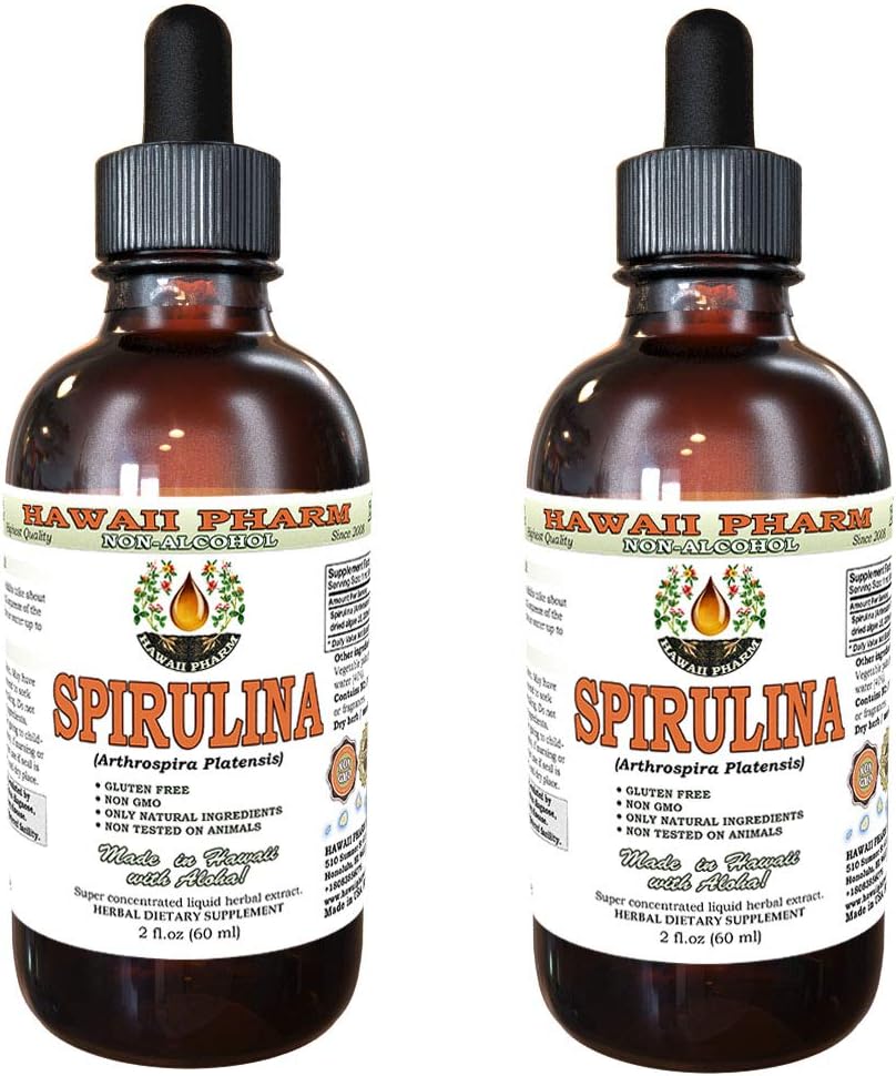 Spirulina alkohol-fri flytende ekstrakt, organisk spirulina (Artrospira platensis) tørket Algae Glycerite Natural Herbal Supplement, Hawaii Pharm, USA 2x2 fl.oz