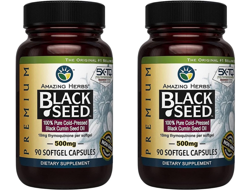 Amazing Herbs Premium Black Seed Oil Capsules - Glutenfri, ikke GMO, Cold Pressed Nigella Sativa Aids i Digestive Helse, Immune Support, Brain Function - 90 Count, 500 mg (Pack of 2)
