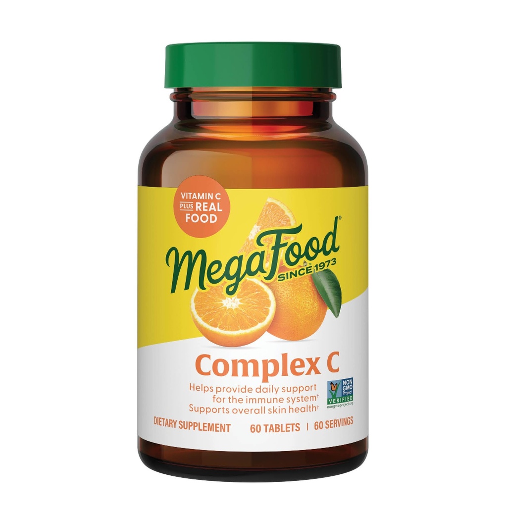 MegaFood Complex C - Vegansk immun støtte Supplement med vitamin C 250 mg, laget med ekte mat inkludert oransje, tranebær og brun ris, glutenfri, Kosher - 60 tabletter, 60 serveringer