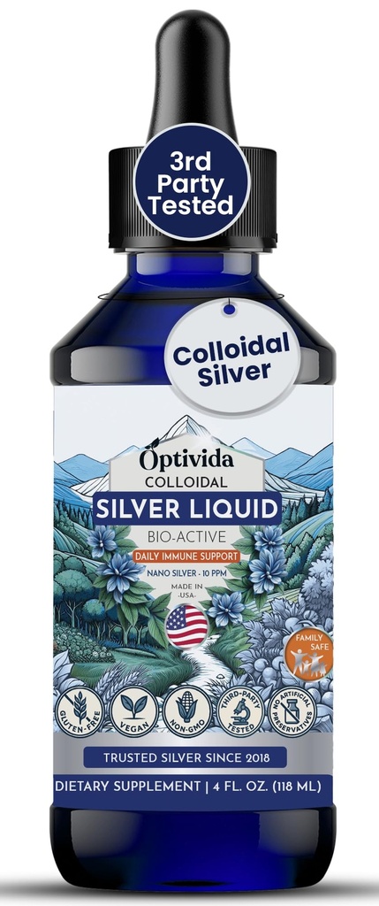 Optivida Helsekolloidal sølvvæske (4 oz) – Premium Nano sølvkolloidalt kosttilskudd for daglig velvære og immun støtte, naturlig flytende sølvhydrosol for voksne og barn, ikke-GMO, Glutenfri