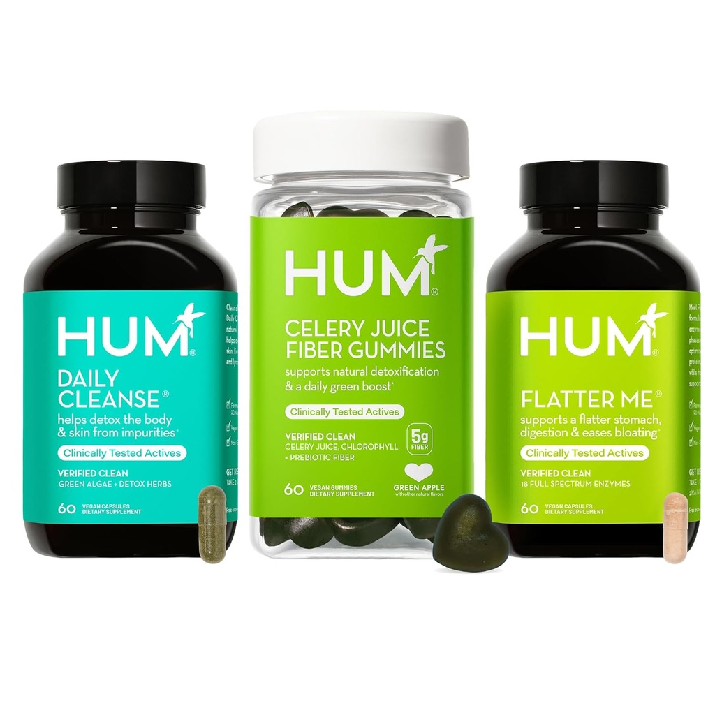 HUM Grønn Detox Bundle med Flatter Me Digestive Enzymer, Daglig rengjøring Acne Supplement, og Celery Juice Fiber Gummies med Klorofyll, 3-trinns velvære sett, støtter Digestive & Gut Health